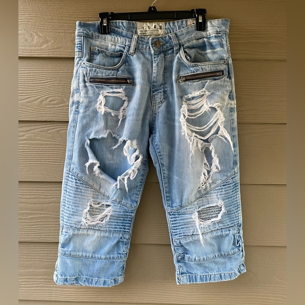 L.A.B. Liberation A Bleu Woman's Blue Denim Distressed Capri Jeans Size 34